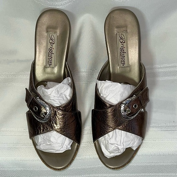 💥SALE💥 Brighton Metallic Bronze Italian‎ Leather Cork Platform Wedges Sz 7.5 EUC - Picture 6 of 13